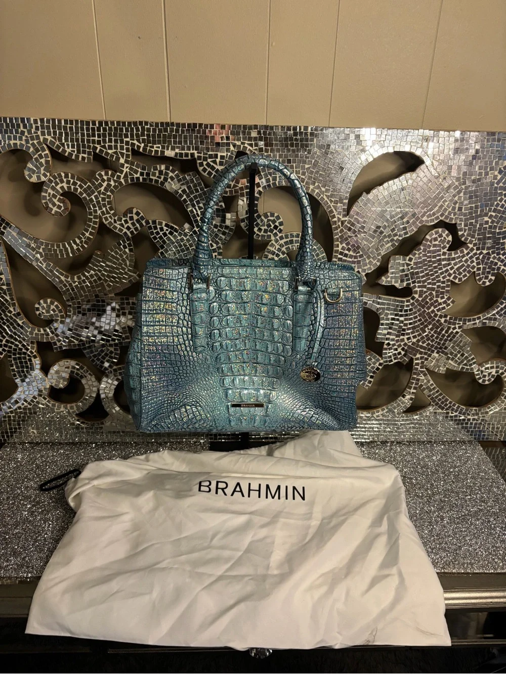 🌟Brahmin Teal Croc-Embossed Leather Satchel